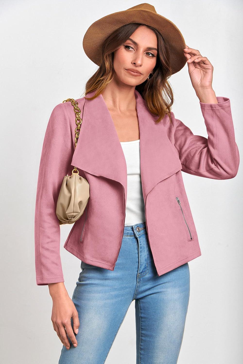 imagePRETTYGARDEN Womens Faux Suede Jackets 2026 Fashion Fall Clothes Long Sleeve Open Front Cropped Coat OutwearPink