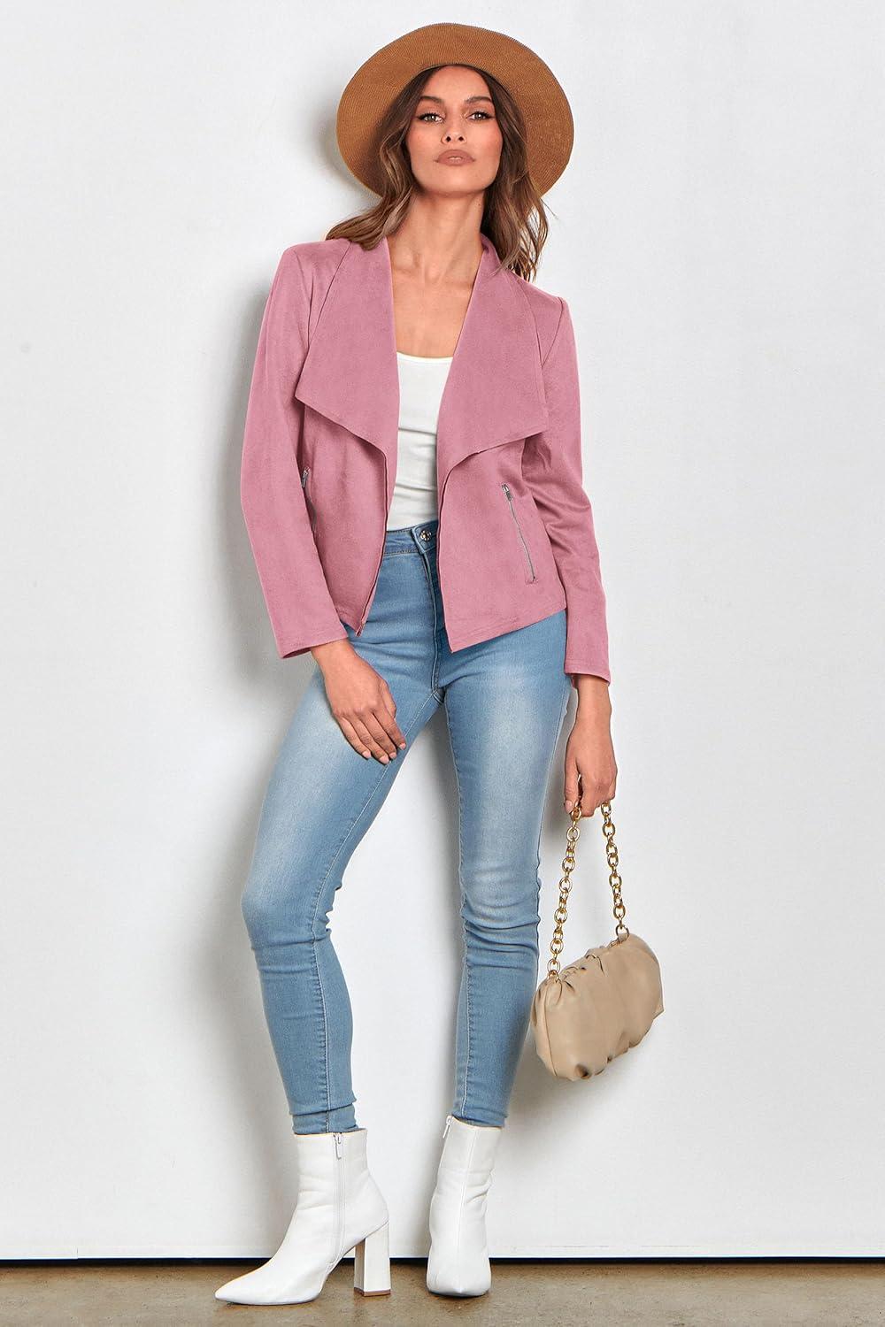 imagePRETTYGARDEN Womens Faux Suede Jackets 2026 Fashion Fall Clothes Long Sleeve Open Front Cropped Coat OutwearPink