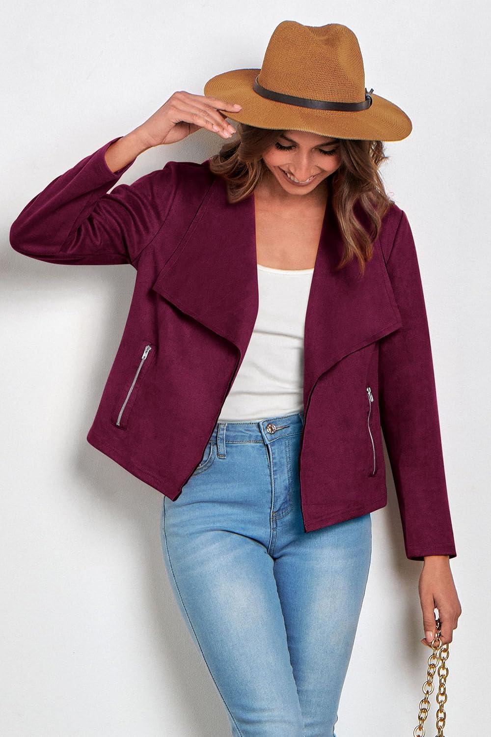 imagePRETTYGARDEN Womens Faux Suede Jackets 2026 Fashion Fall Clothes Long Sleeve Open Front Cropped Coat OutwearPurple Red