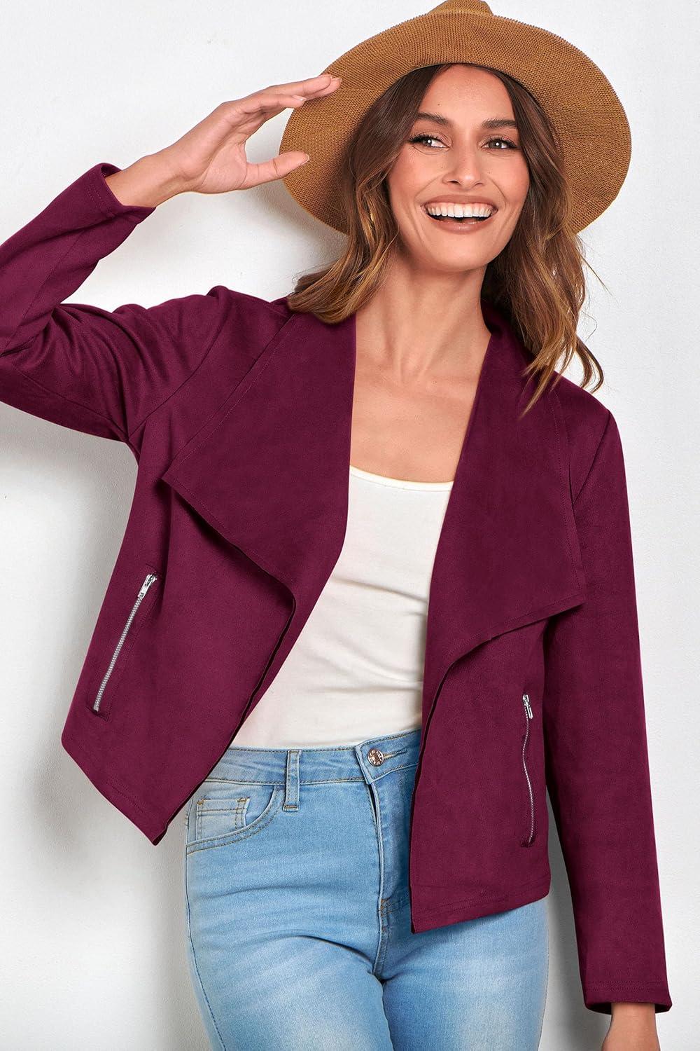 imagePRETTYGARDEN Womens Faux Suede Jackets 2026 Fashion Fall Clothes Long Sleeve Open Front Cropped Coat OutwearPurple Red