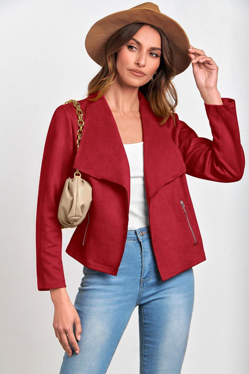 imagePRETTYGARDEN Womens Faux Suede Jackets 2026 Fashion Fall Clothes Long Sleeve Open Front Cropped Coat OutwearRed
