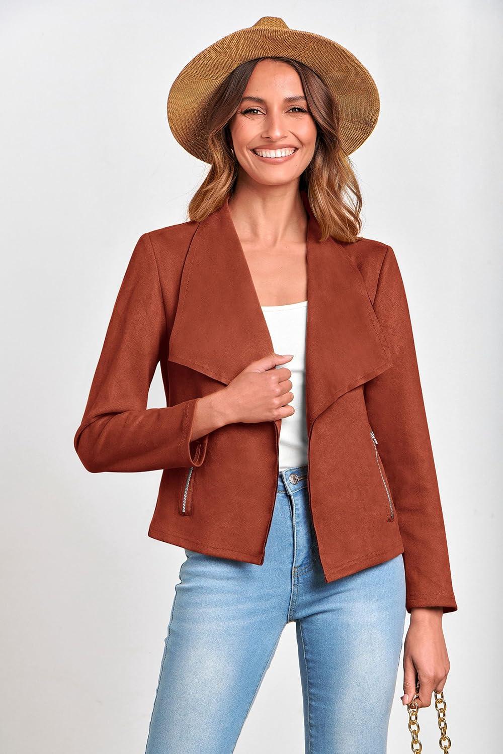 imagePRETTYGARDEN Womens Faux Suede Jackets 2026 Fashion Fall Clothes Long Sleeve Open Front Cropped Coat OutwearRust Red
