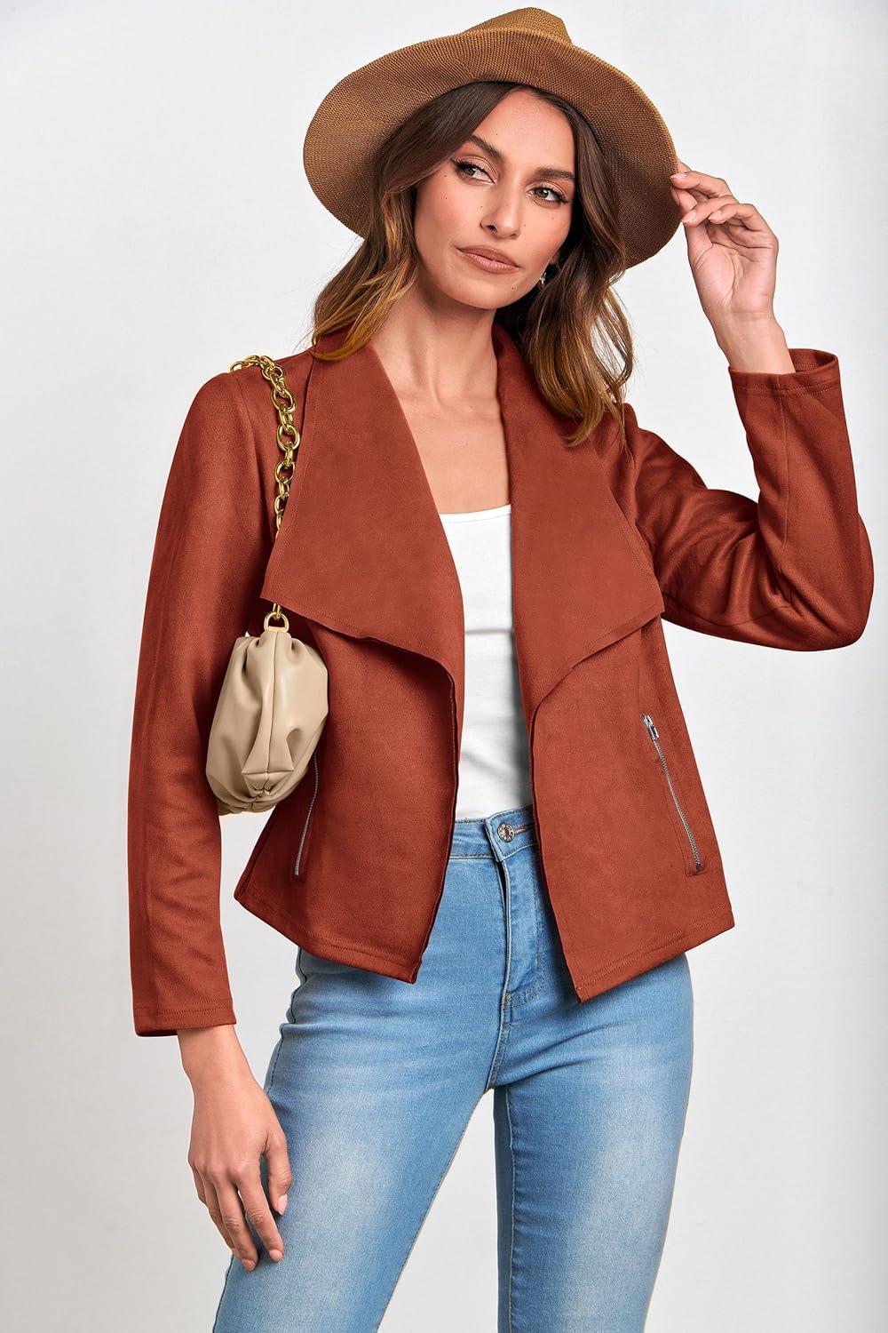 imagePRETTYGARDEN Womens Faux Suede Jackets 2026 Fashion Fall Clothes Long Sleeve Open Front Cropped Coat OutwearRust Red