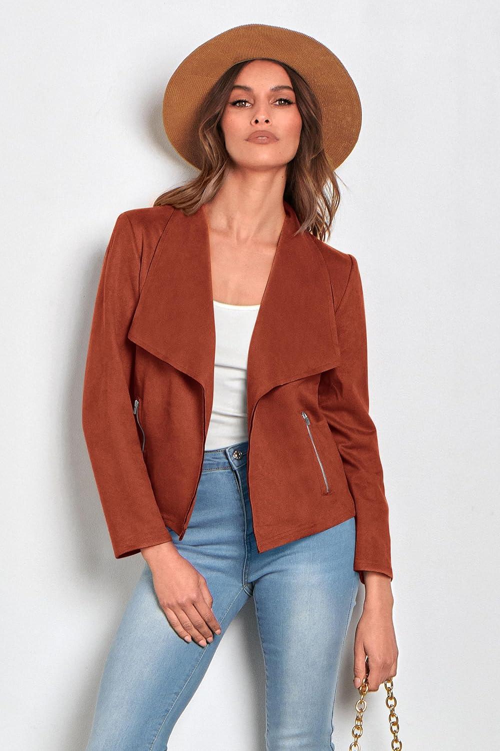imagePRETTYGARDEN Womens Faux Suede Jackets 2026 Fashion Fall Clothes Long Sleeve Open Front Cropped Coat OutwearRust Red
