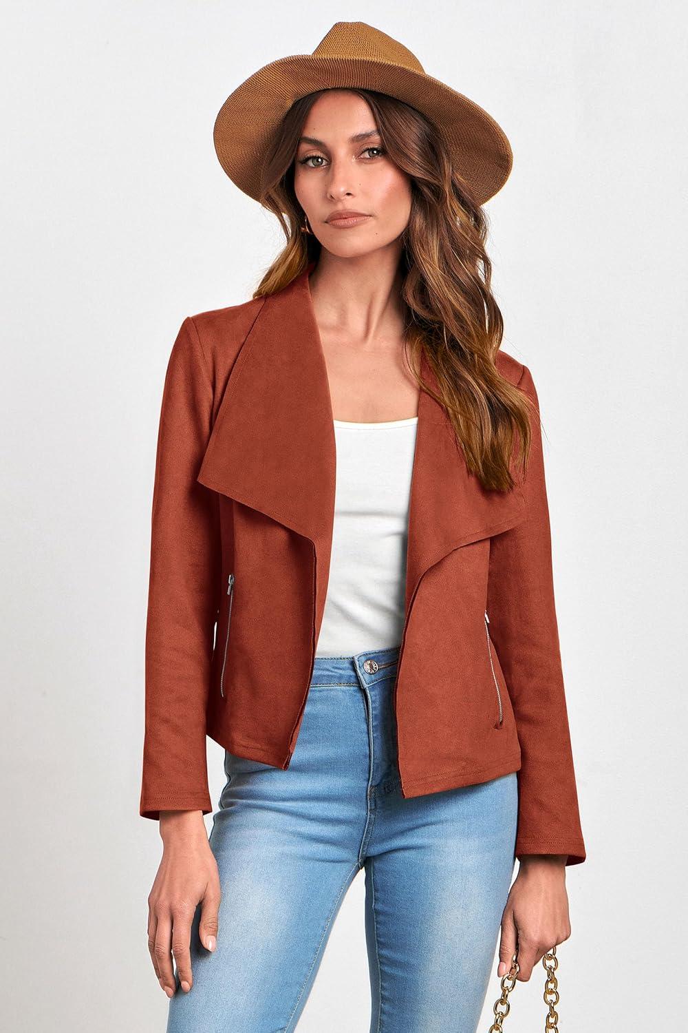 imagePRETTYGARDEN Womens Faux Suede Jackets 2026 Fashion Fall Clothes Long Sleeve Open Front Cropped Coat OutwearRust Red