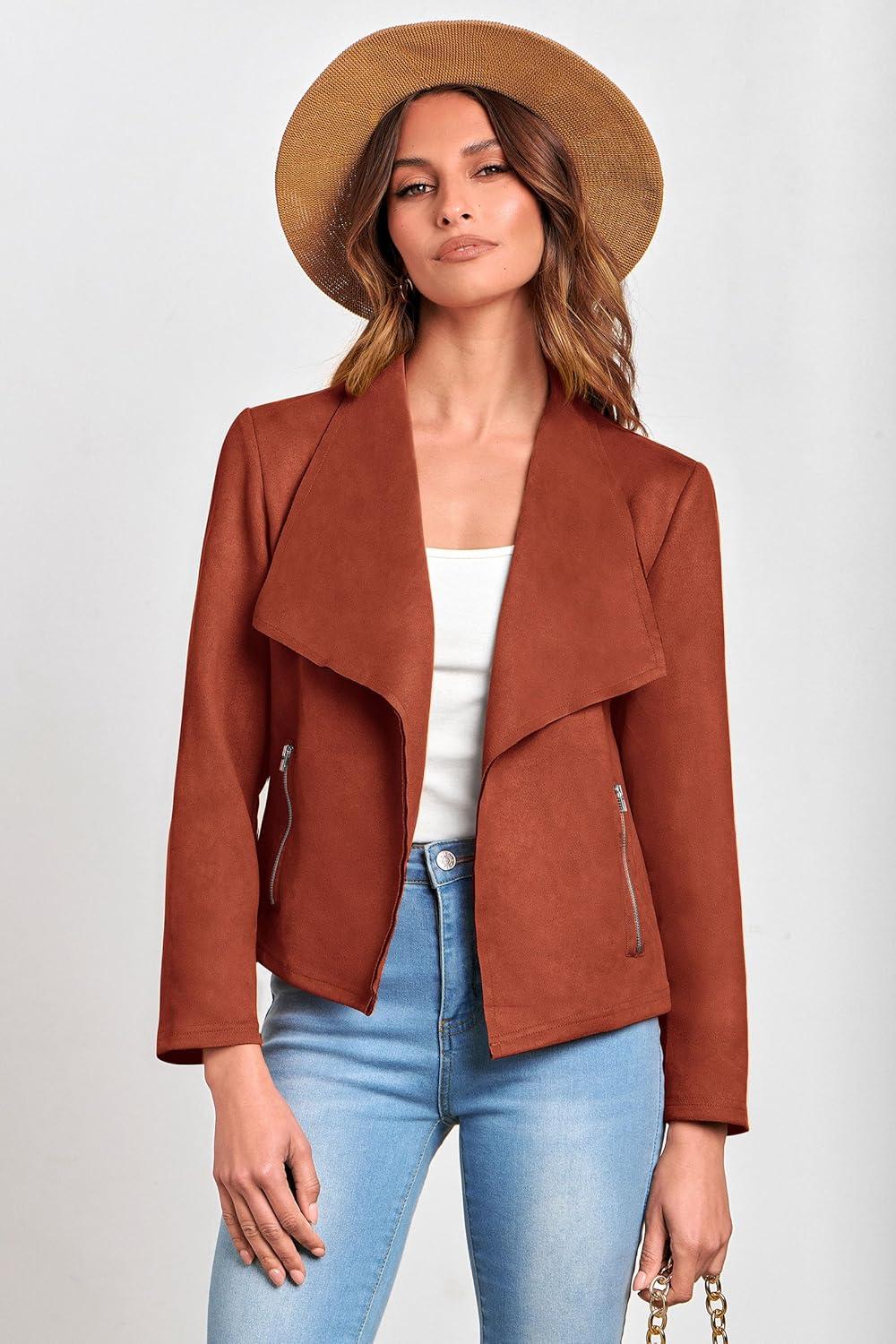imagePRETTYGARDEN Womens Faux Suede Jackets 2026 Fashion Fall Clothes Long Sleeve Open Front Cropped Coat OutwearRust Red