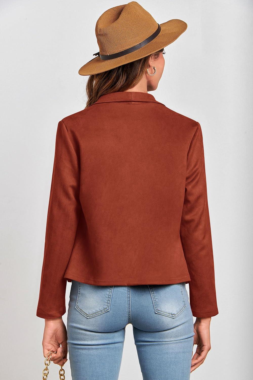 imagePRETTYGARDEN Womens Faux Suede Jackets 2026 Fashion Fall Clothes Long Sleeve Open Front Cropped Coat OutwearRust Red