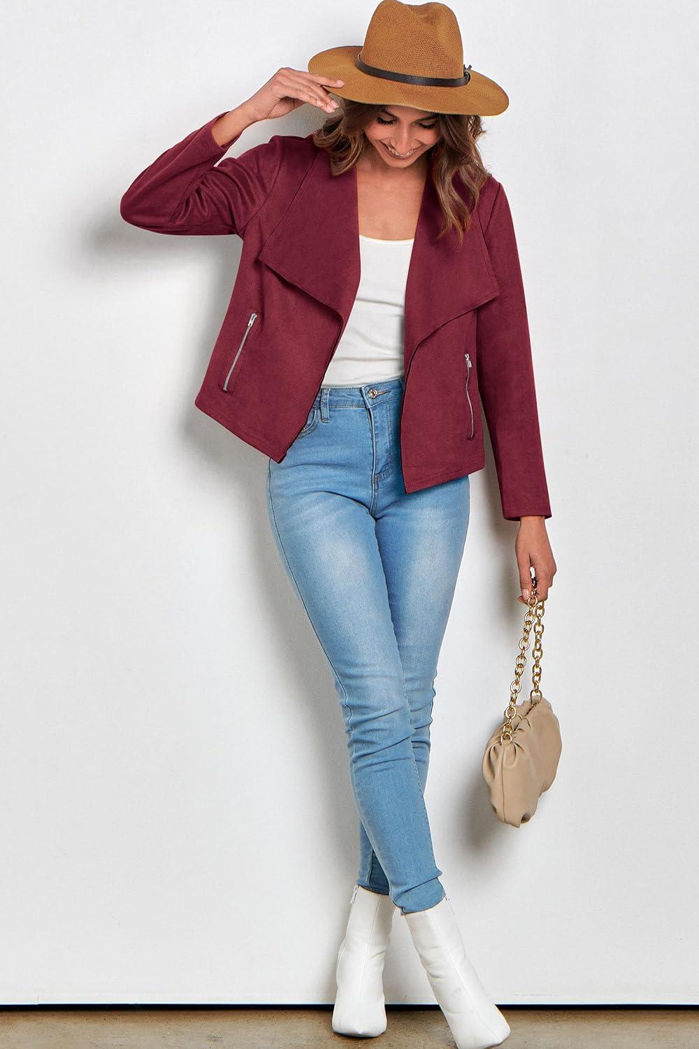 imagePRETTYGARDEN Womens Faux Suede Jackets 2026 Fashion Fall Clothes Long Sleeve Open Front Cropped Coat OutwearWine Red