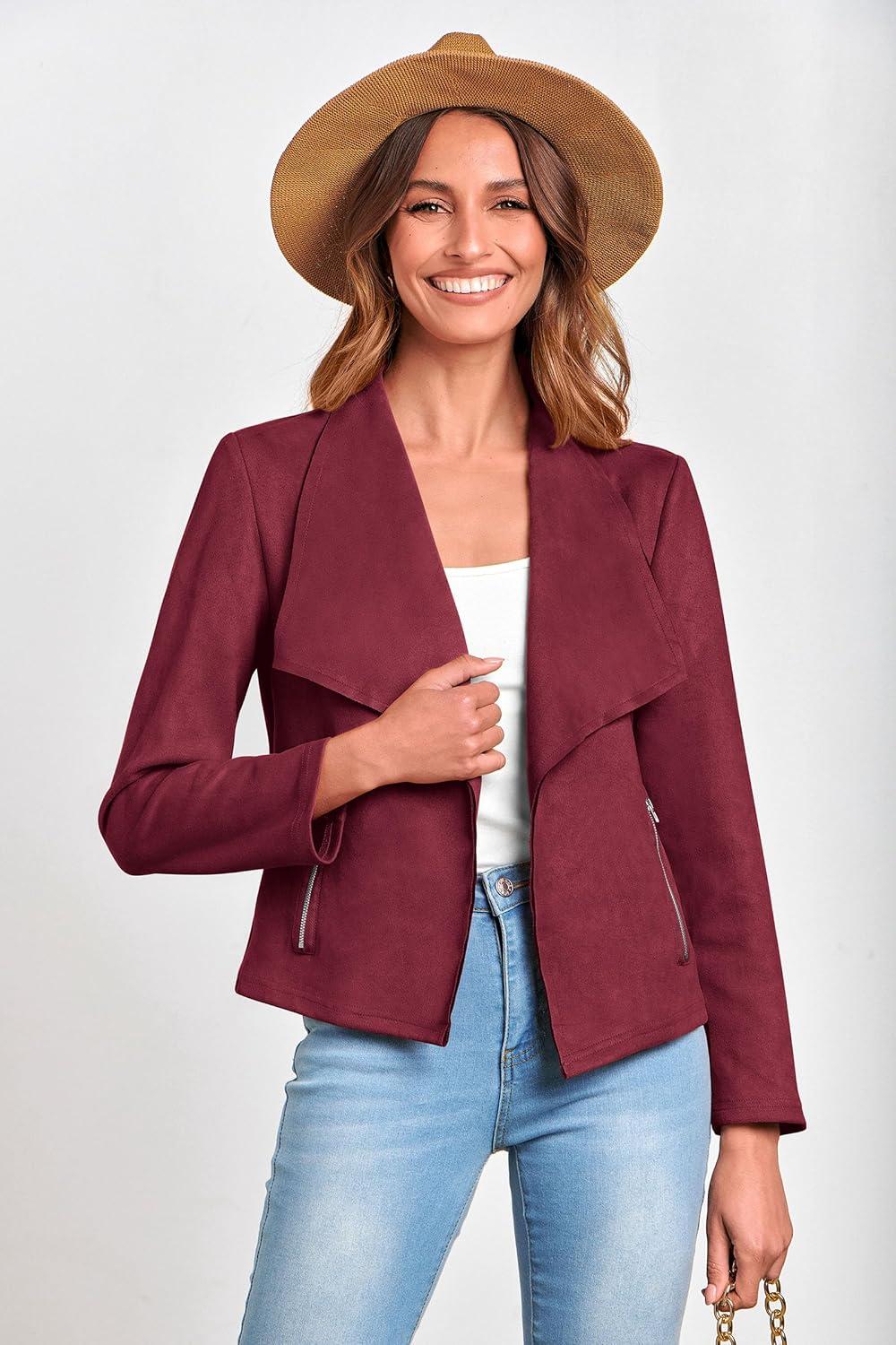 imagePRETTYGARDEN Womens Faux Suede Jackets 2026 Fashion Fall Clothes Long Sleeve Open Front Cropped Coat OutwearWine Red