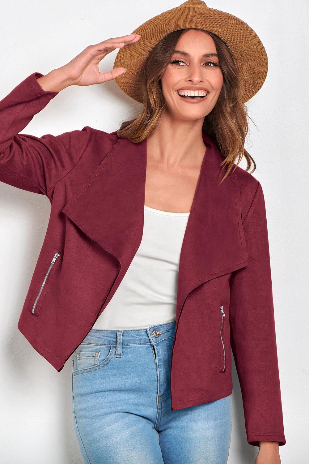 imagePRETTYGARDEN Womens Faux Suede Jackets 2026 Fashion Fall Clothes Long Sleeve Open Front Cropped Coat OutwearWine Red