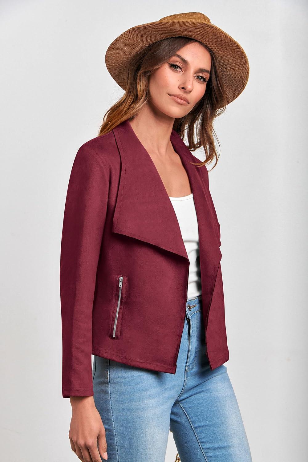 imagePRETTYGARDEN Womens Faux Suede Jackets 2026 Fashion Fall Clothes Long Sleeve Open Front Cropped Coat OutwearWine Red