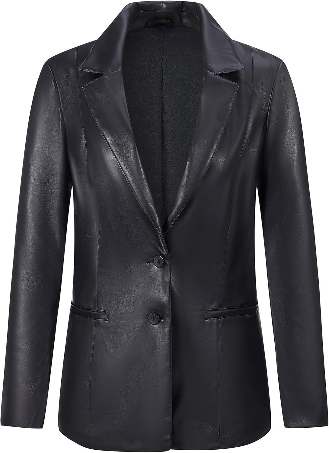 imageRISISSIDA Women Faux Leather Blazer JacketSpring Fall Vegan Pleather Soft Casual Lapel Button Down CoatBlackhip Length