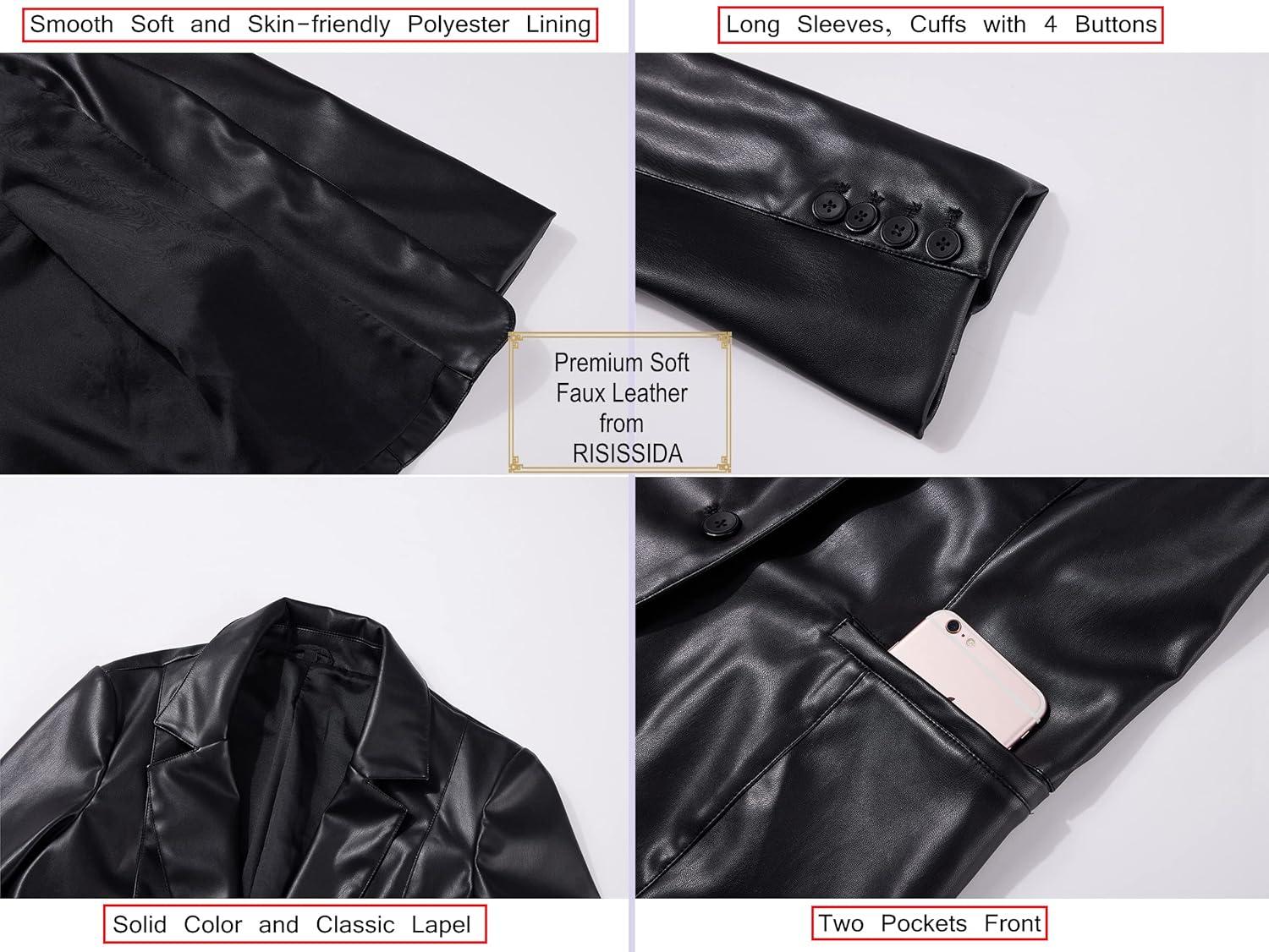 imageRISISSIDA Women Faux Leather Blazer JacketSpring Fall Vegan Pleather Soft Casual Lapel Button Down CoatBlackhip Length