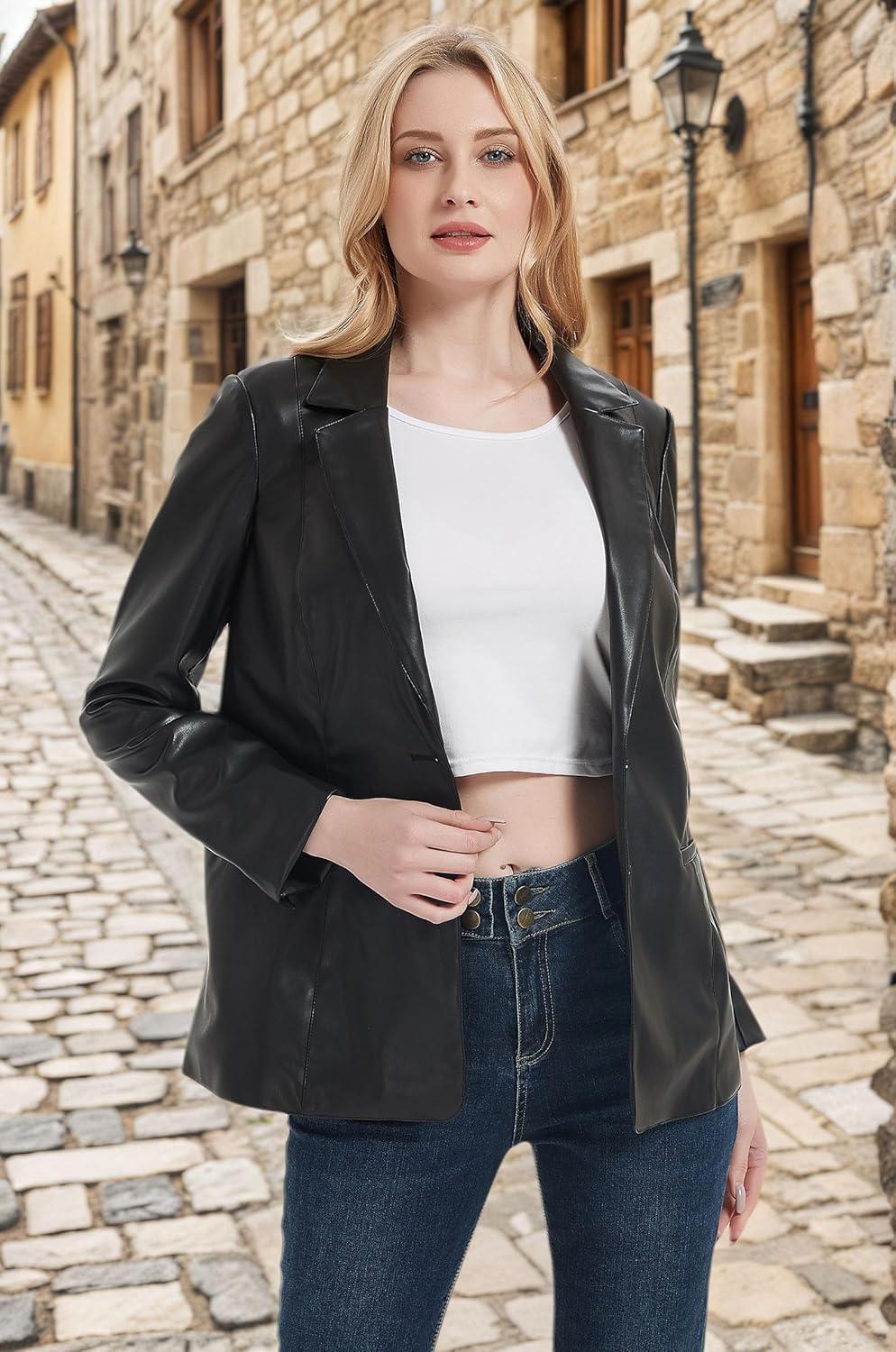 imageRISISSIDA Women Faux Leather Blazer JacketSpring Fall Vegan Pleather Soft Casual Lapel Button Down CoatBlackhip Length