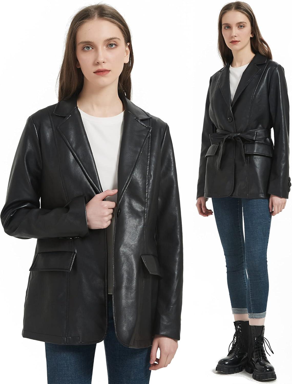 imageRISISSIDA Women Faux Leather Blazer JacketSpring Fall Vegan Pleather Soft Casual Lapel Button Down CoatBlackhip Lengthwith Detachable Belt