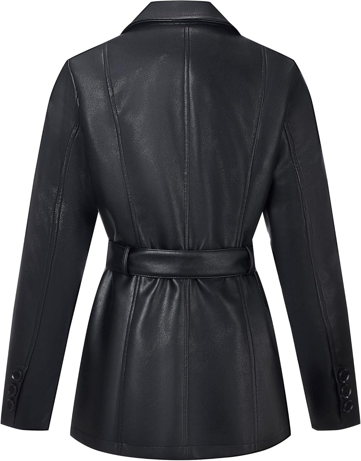 imageRISISSIDA Women Faux Leather Blazer JacketSpring Fall Vegan Pleather Soft Casual Lapel Button Down CoatBlackhip Lengthwith Detachable Belt
