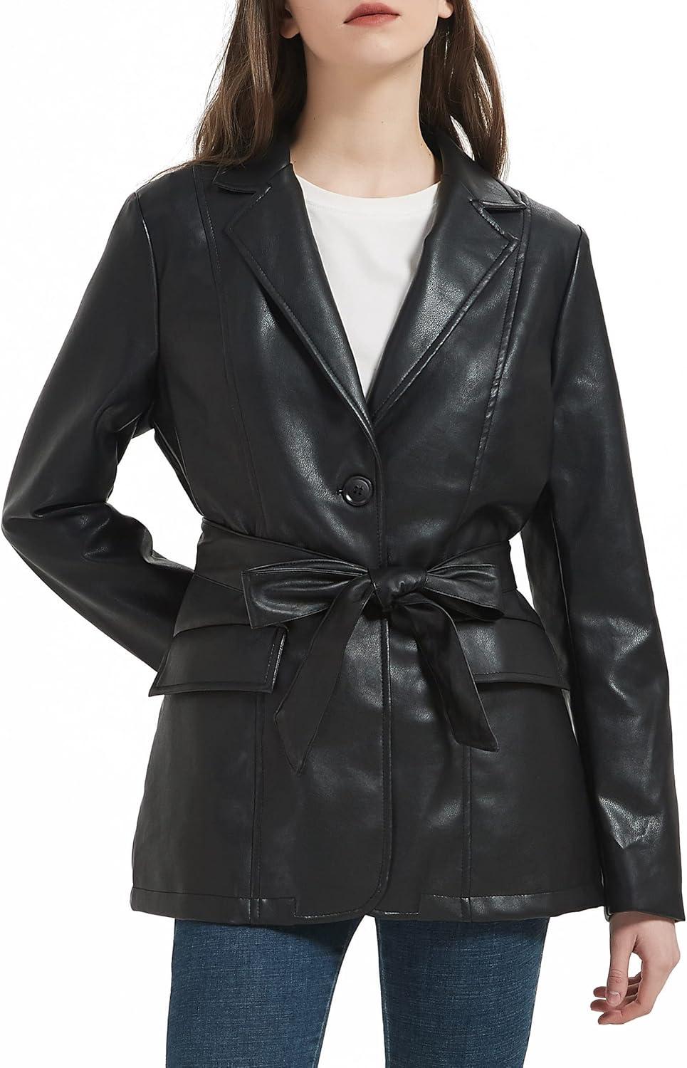 imageRISISSIDA Women Faux Leather Blazer JacketSpring Fall Vegan Pleather Soft Casual Lapel Button Down CoatBlackhip Lengthwith Detachable Belt