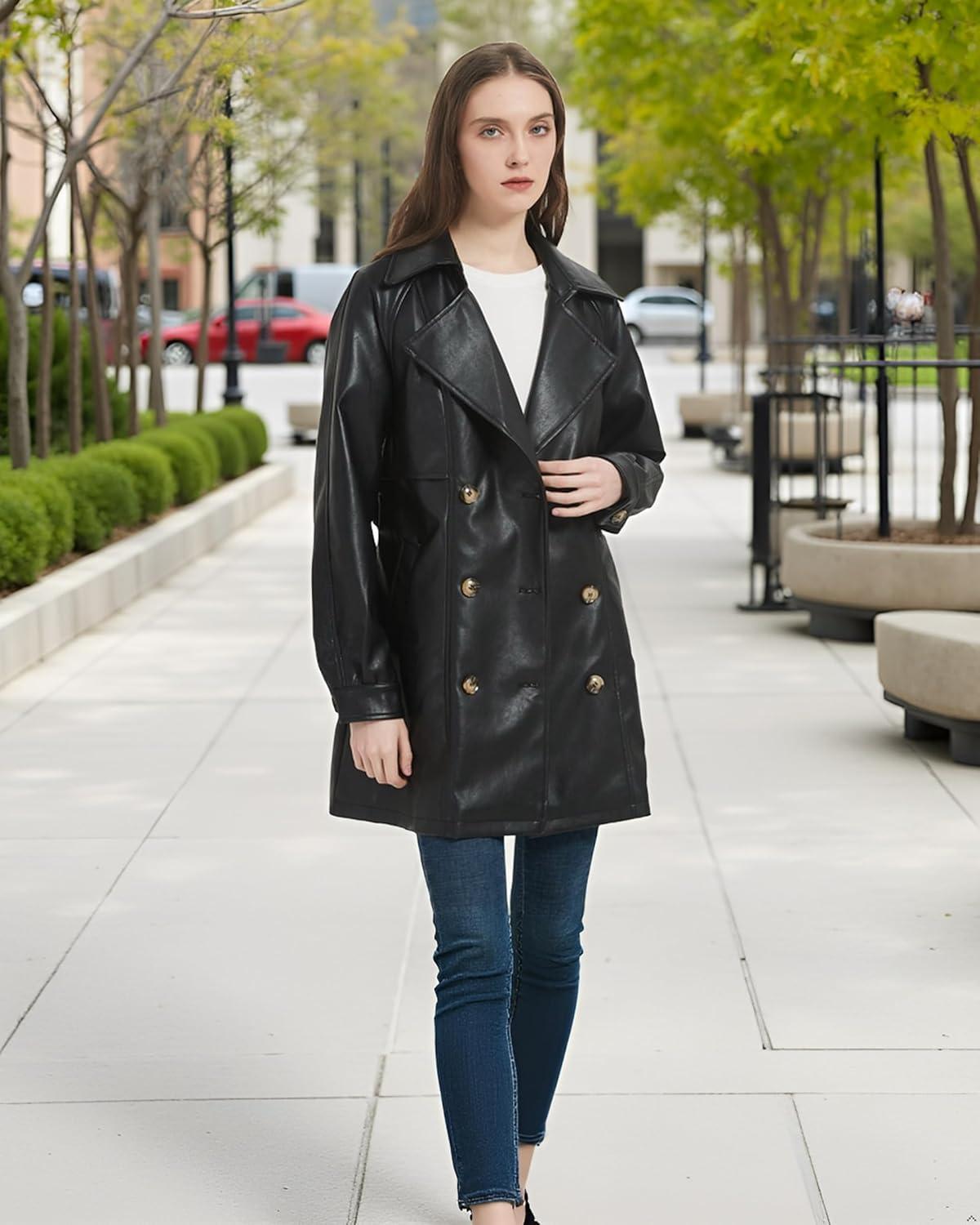 imageRISISSIDA Women Faux Leather Blazer JacketSpring Fall Vegan Pleather Soft Casual Lapel Button Down CoatBlackthigh Lengthdouble Breastedloose