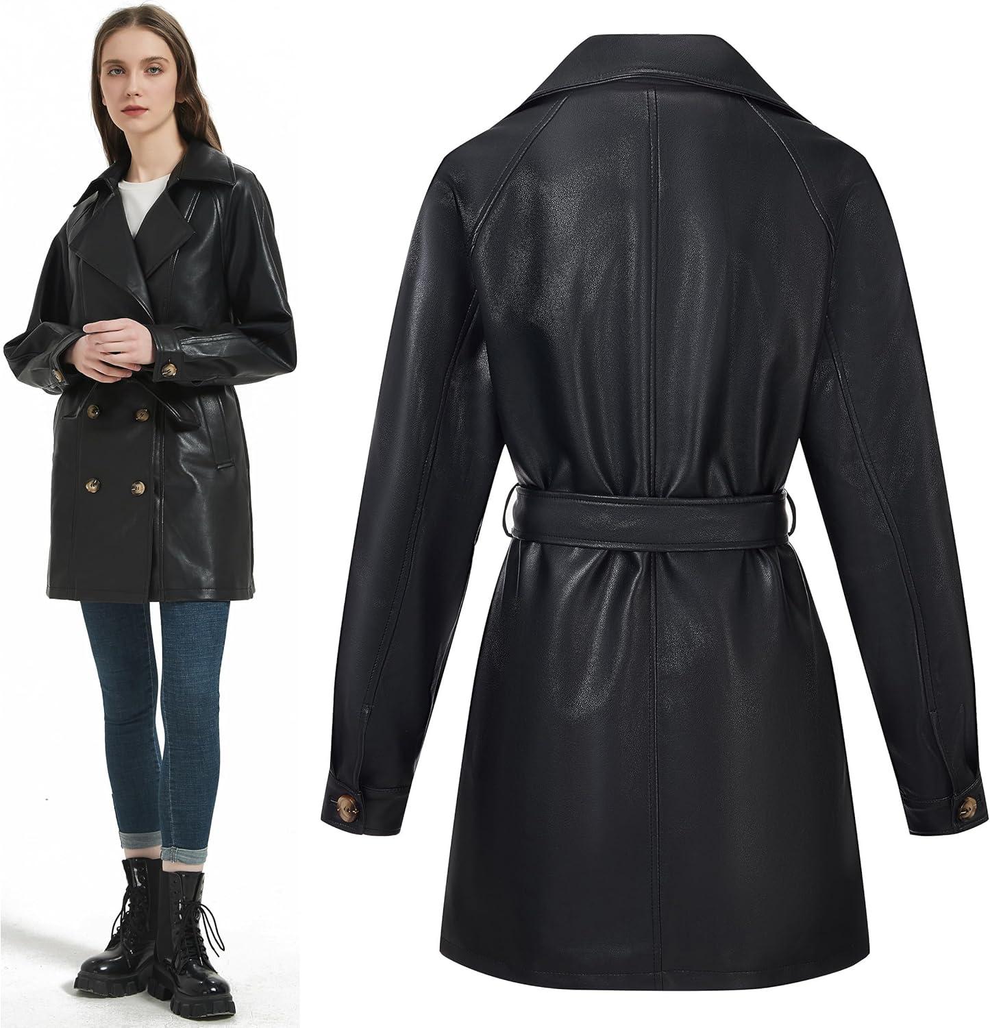imageRISISSIDA Women Faux Leather Blazer JacketSpring Fall Vegan Pleather Soft Casual Lapel Button Down CoatBlackthigh Lengthdouble Breastedloose