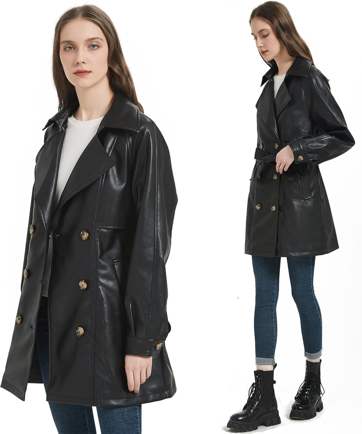 imageRISISSIDA Women Faux Leather Blazer JacketSpring Fall Vegan Pleather Soft Casual Lapel Button Down CoatBlackthigh Lengthdouble Breastedloose