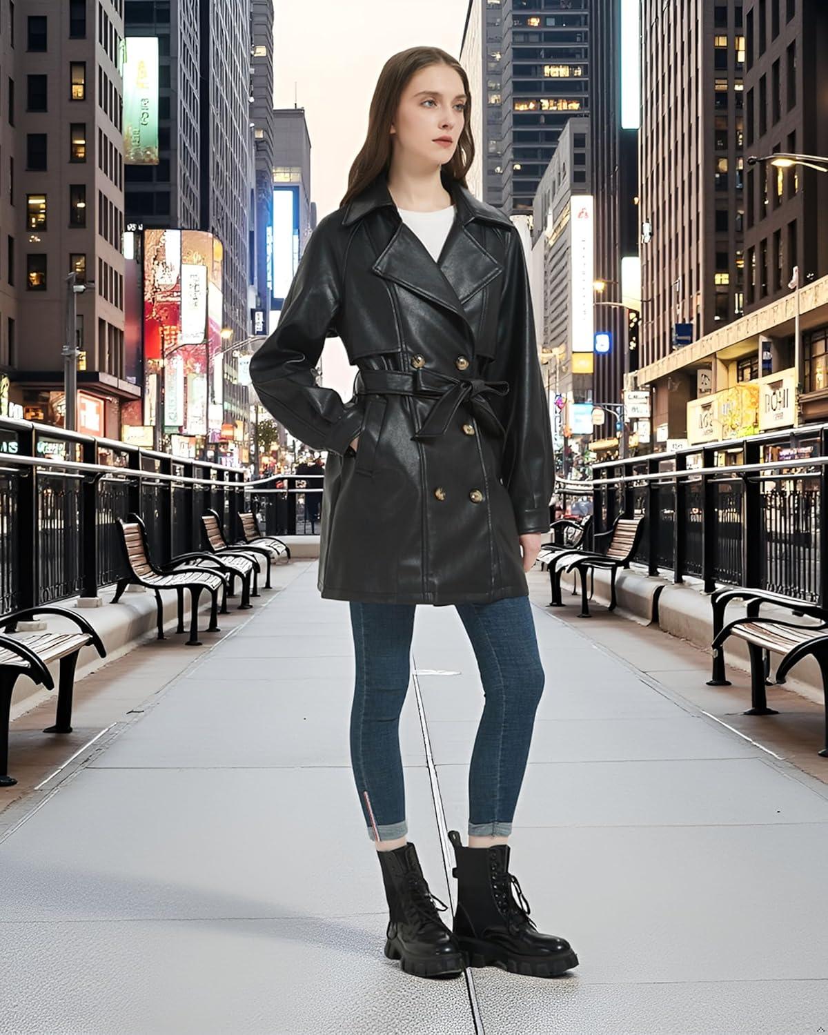 imageRISISSIDA Women Faux Leather Blazer JacketSpring Fall Vegan Pleather Soft Casual Lapel Button Down CoatBlackthigh Lengthdouble Breastedloose