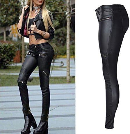 imageSHOWADAY Womens Sexy Stretchy PU Leather Slim Fit Rider Pants Skinny LeggingsBlack