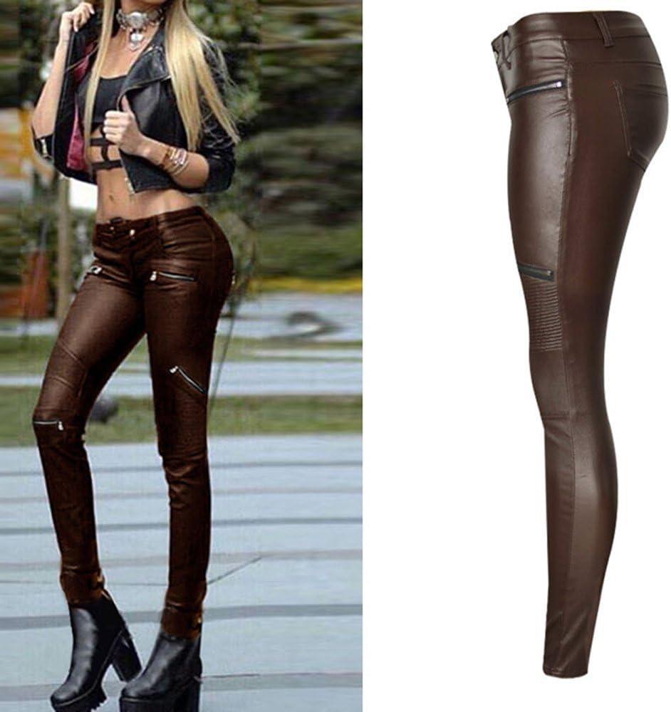 imageSHOWADAY Womens Sexy Stretchy PU Leather Slim Fit Rider Pants Skinny LeggingsBrown