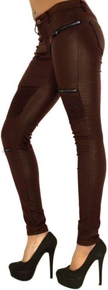 imageSHOWADAY Womens Sexy Stretchy PU Leather Slim Fit Rider Pants Skinny LeggingsBrown