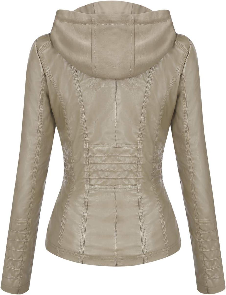 imageSpringrain Womens Faux Leather Jacket Moto Biker Coat with Detachable Hood Motorcycle JacketApricot