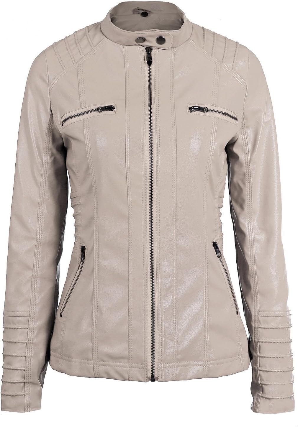 imageSpringrain Womens Faux Leather Jacket Moto Biker Coat with Detachable Hood Motorcycle JacketApricot
