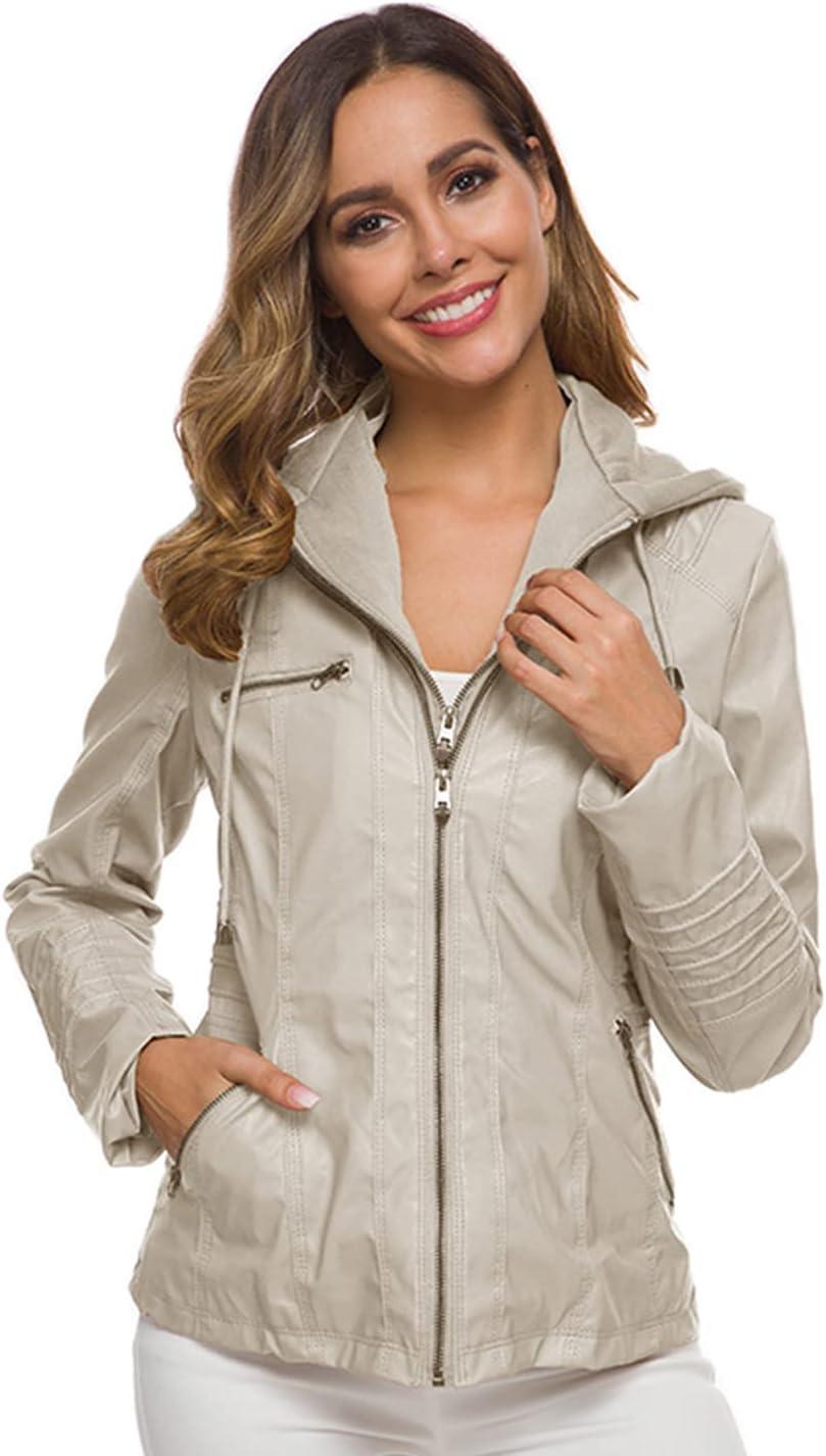 imageSpringrain Womens Faux Leather Jacket Moto Biker Coat with Detachable Hood Motorcycle JacketApricot
