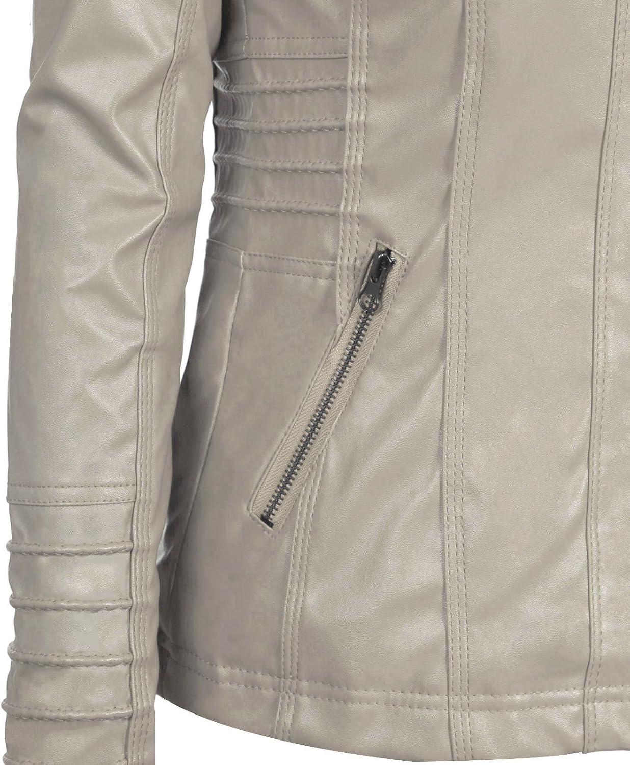 imageSpringrain Womens Faux Leather Jacket Moto Biker Coat with Detachable Hood Motorcycle JacketApricot