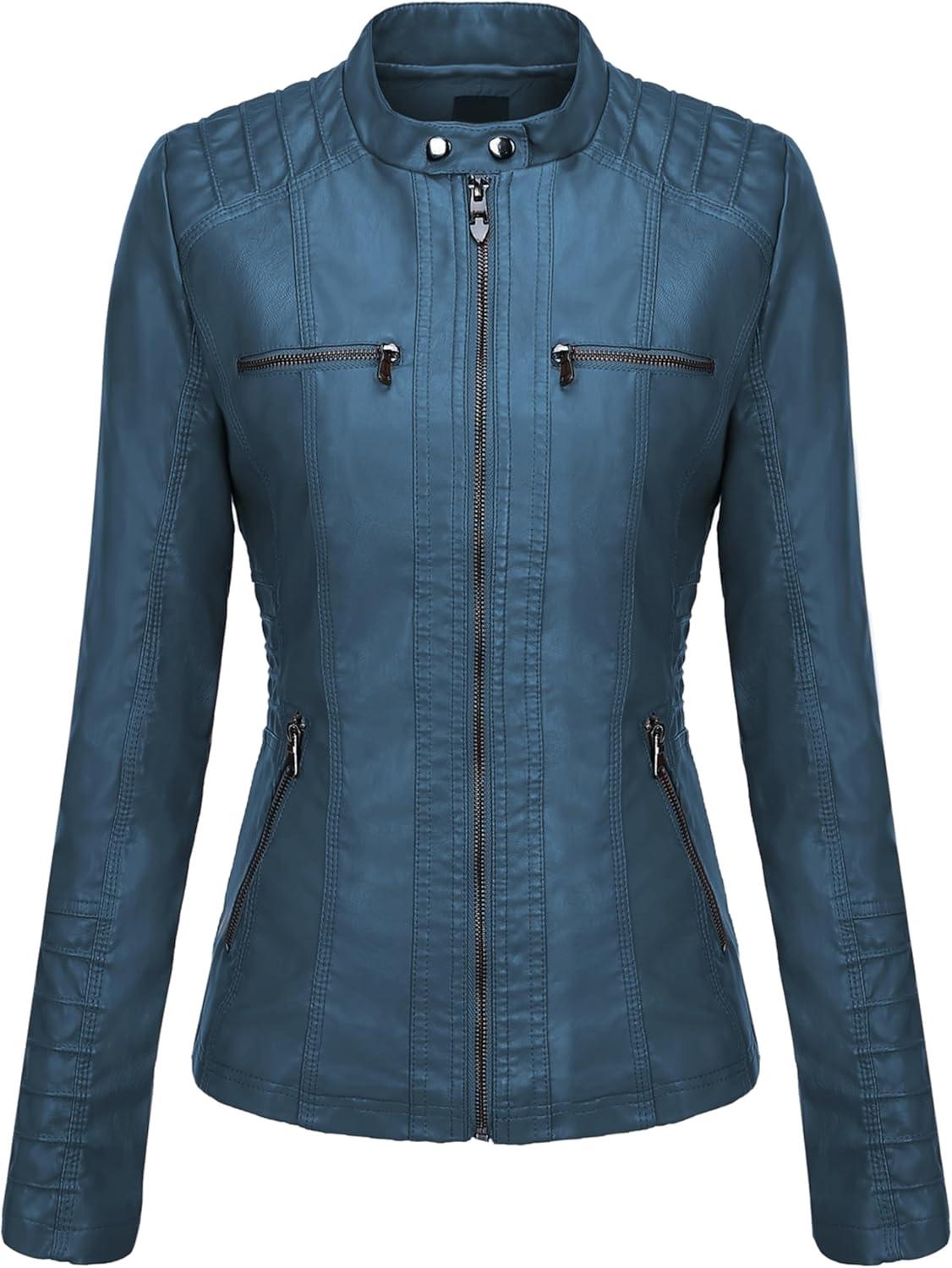imageSpringrain Womens Faux Leather Jacket Moto Biker Coat with Detachable Hood Motorcycle JacketBlue