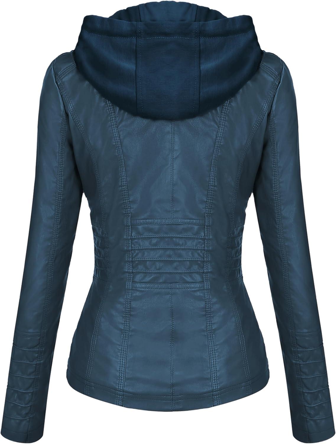 imageSpringrain Womens Faux Leather Jacket Moto Biker Coat with Detachable Hood Motorcycle JacketBlue