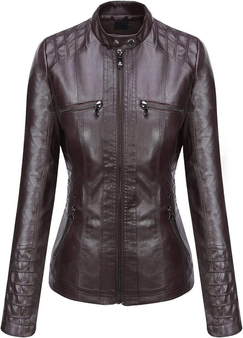 imageSpringrain Womens Faux Leather Jacket Moto Biker Coat with Detachable Hood Motorcycle JacketCoffee