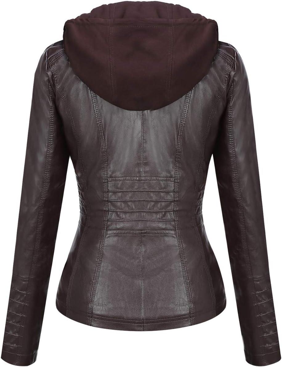 imageSpringrain Womens Faux Leather Jacket Moto Biker Coat with Detachable Hood Motorcycle JacketCoffee