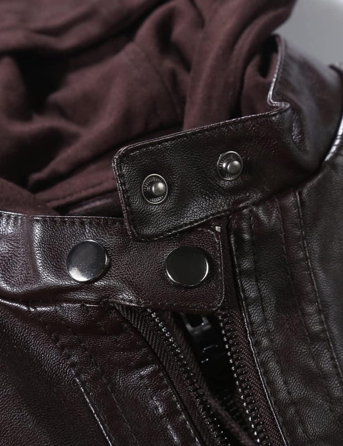 imageSpringrain Womens Faux Leather Jacket Moto Biker Coat with Detachable Hood Motorcycle JacketCoffee