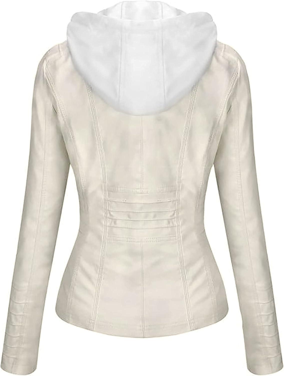 imageSpringrain Womens Faux Leather Jacket Moto Biker Coat with Detachable Hood Motorcycle JacketWhite