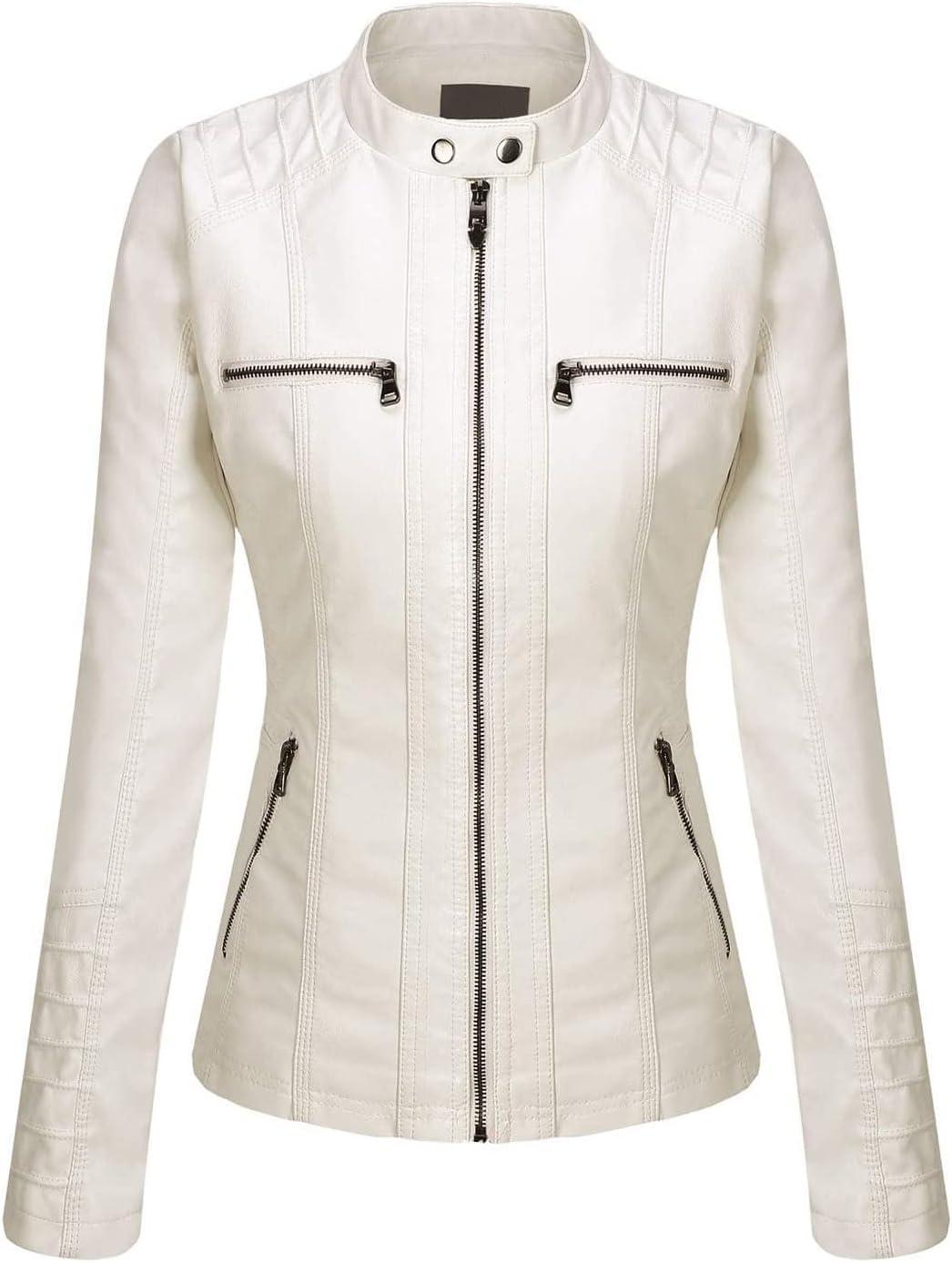 imageSpringrain Womens Faux Leather Jacket Moto Biker Coat with Detachable Hood Motorcycle JacketWhite