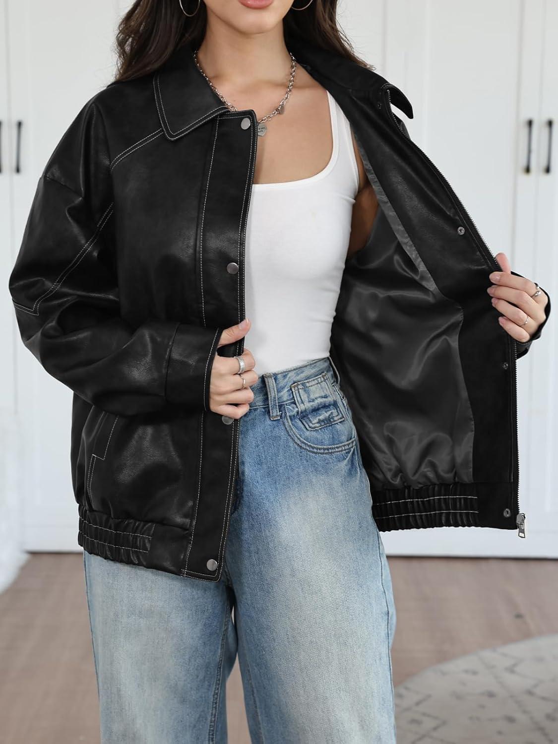 imageTrendy Queen Womens Oversized Leather Jackets Fall Motorcycle Bomber Winter Coats 2026Black