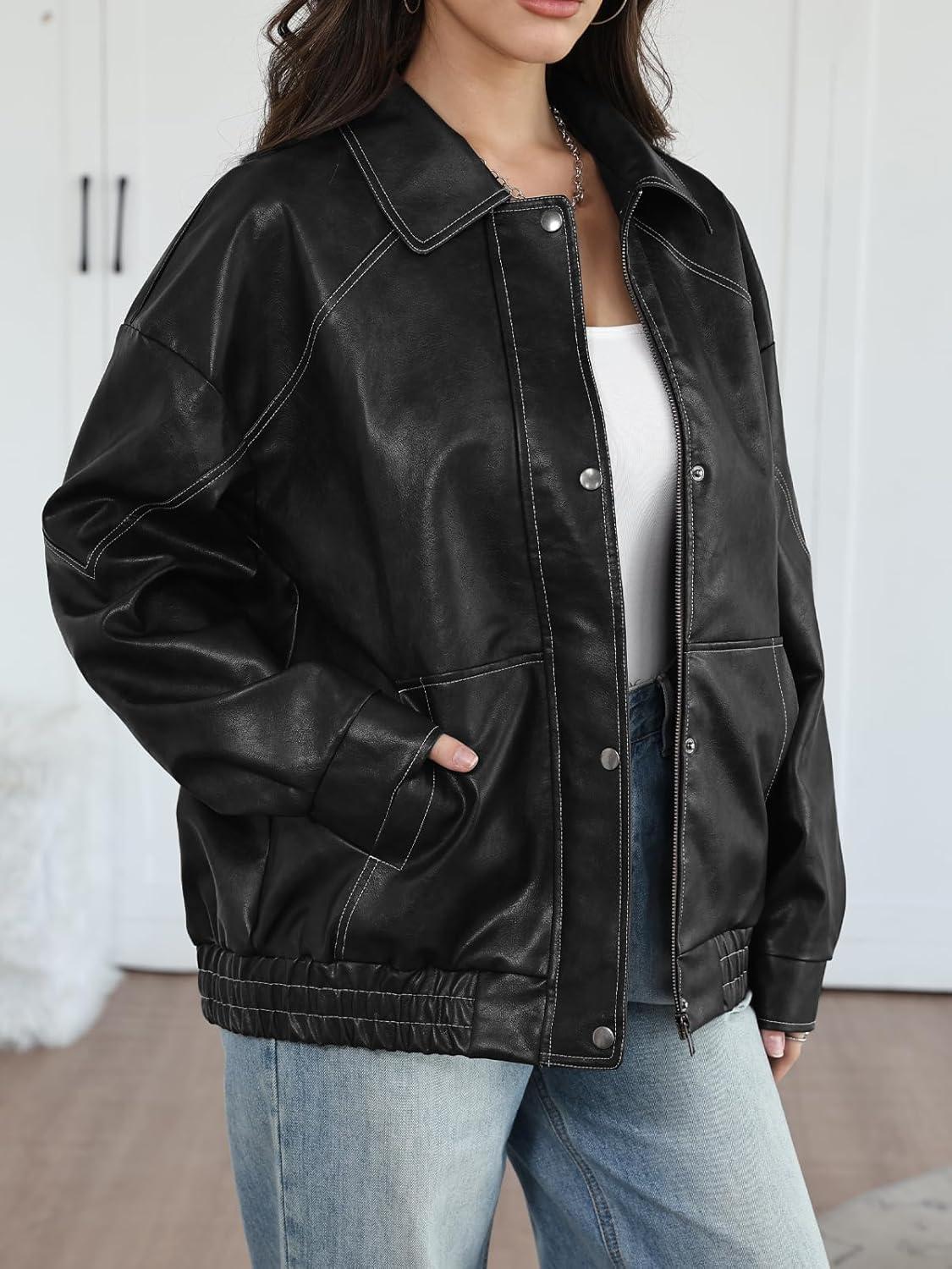 imageTrendy Queen Womens Oversized Leather Jackets Fall Motorcycle Bomber Winter Coats 2026Black
