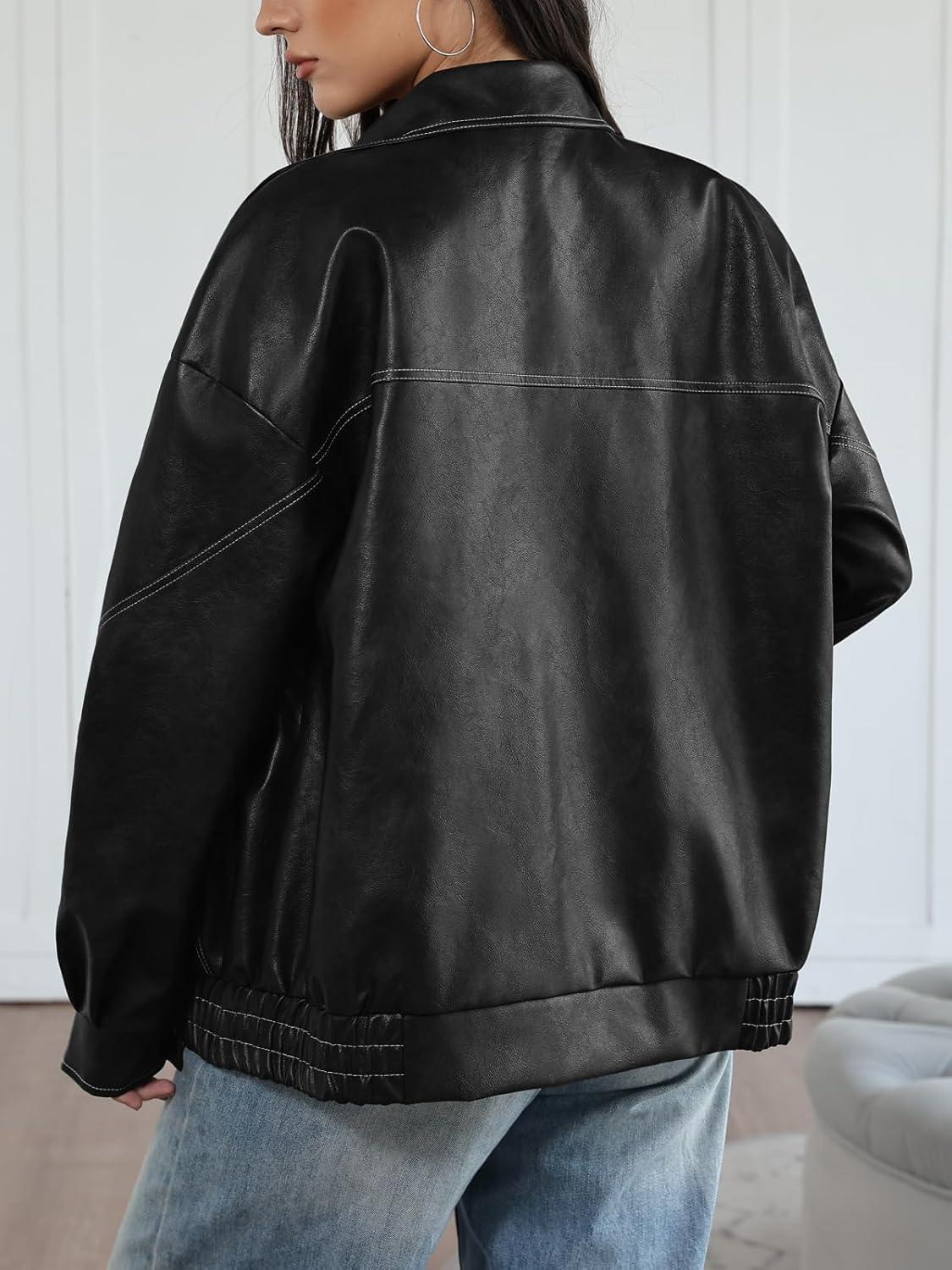 imageTrendy Queen Womens Oversized Leather Jackets Fall Motorcycle Bomber Winter Coats 2026Black