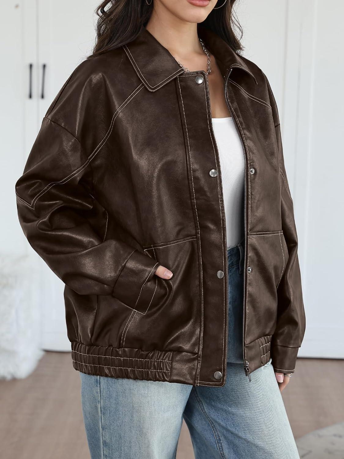 imageTrendy Queen Womens Oversized Leather Jackets Fall Motorcycle Bomber Winter Coats 2026Brown