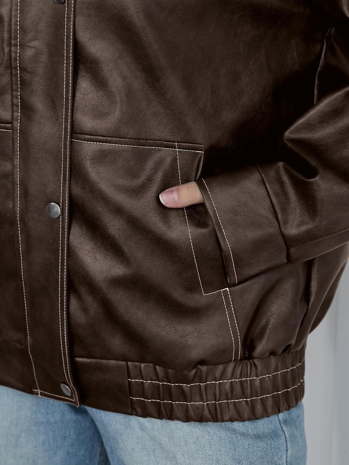 imageTrendy Queen Womens Oversized Leather Jackets Fall Motorcycle Bomber Winter Coats 2026Brown