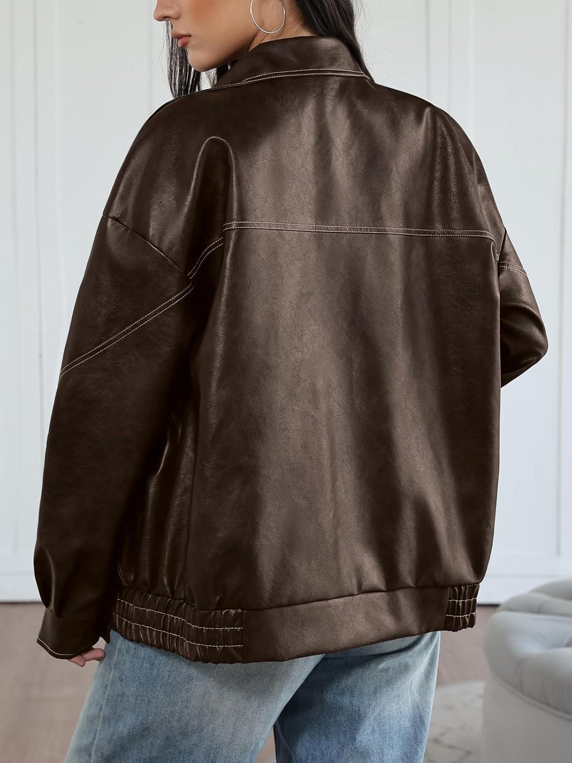 imageTrendy Queen Womens Oversized Leather Jackets Fall Motorcycle Bomber Winter Coats 2026Brown