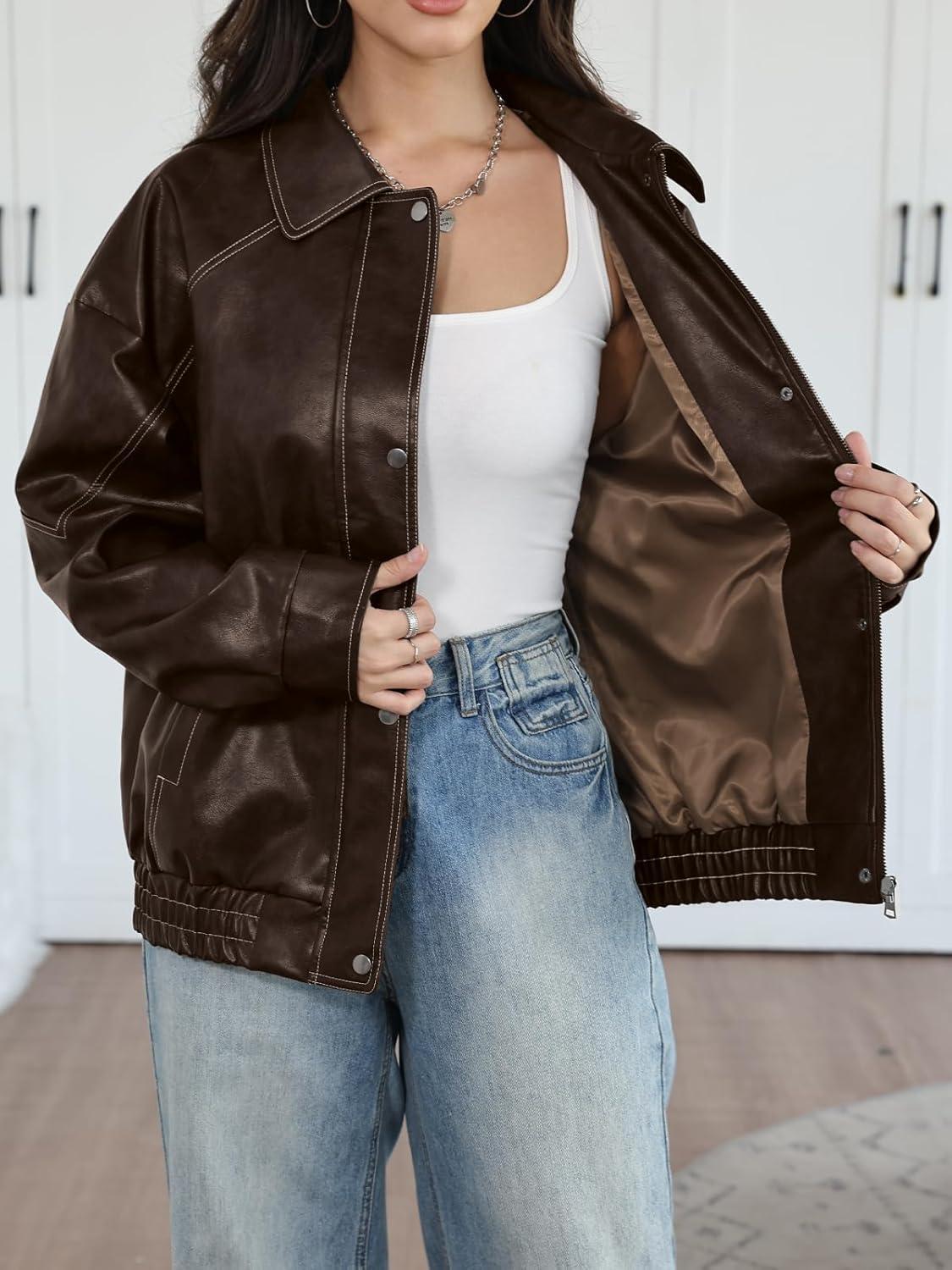 imageTrendy Queen Womens Oversized Leather Jackets Fall Motorcycle Bomber Winter Coats 2026Brown