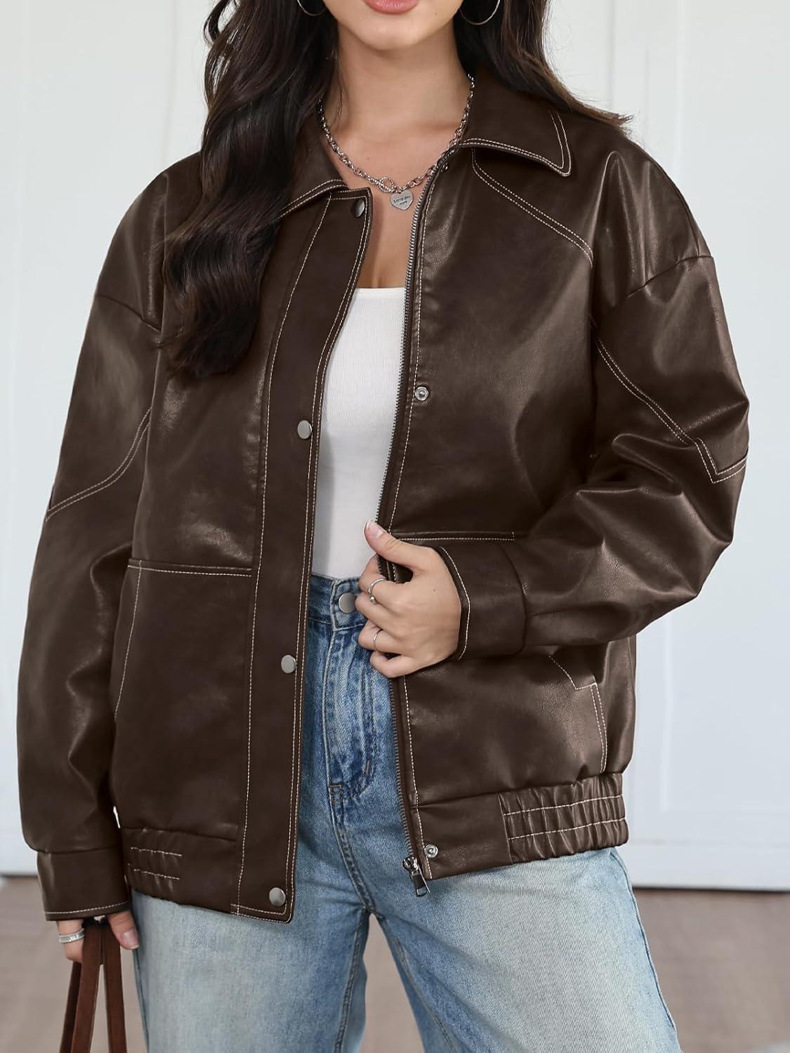imageTrendy Queen Womens Oversized Leather Jackets Fall Motorcycle Bomber Winter Coats 2026Brown