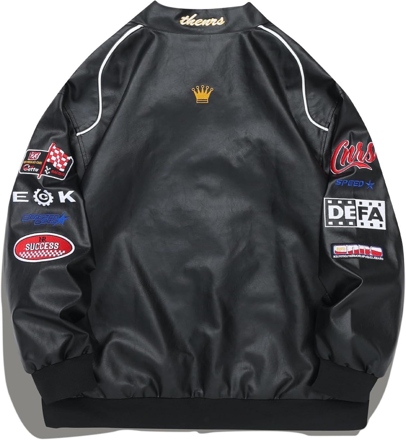 imageVamtac Faux Leather Motocross Jackets Oversized Vintage Racing Varsity Bomber Coat Unisex Trendy StreetwearBlack