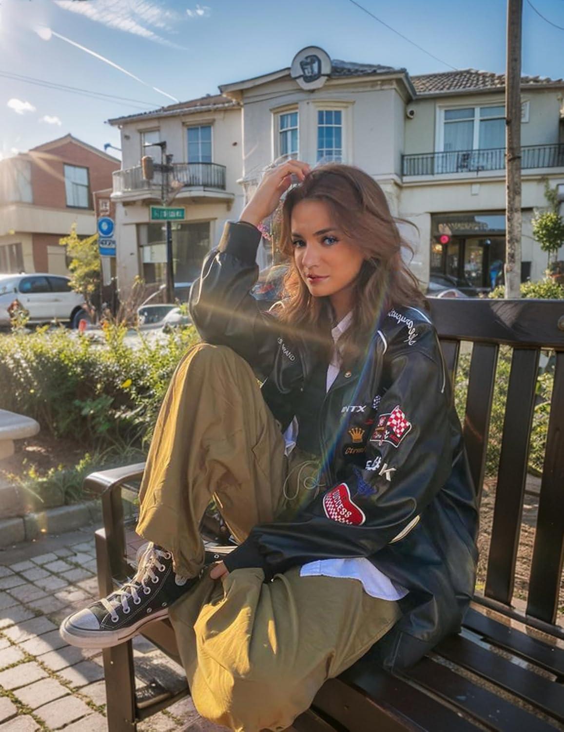 imageVamtac Faux Leather Motocross Jackets Oversized Vintage Racing Varsity Bomber Coat Unisex Trendy StreetwearBlack