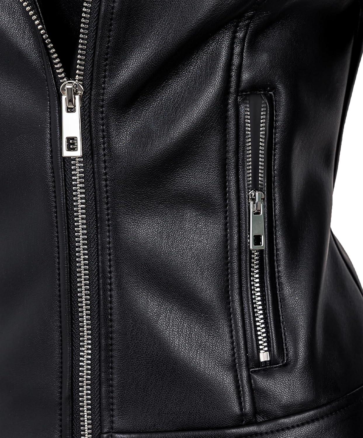 imageWomen Leather Jacket Buttery Soft Faux Leather Motorcycle Moto Biker Short Jacket Stretchy Sleeve Asymmetrical Stylish CoatBlack